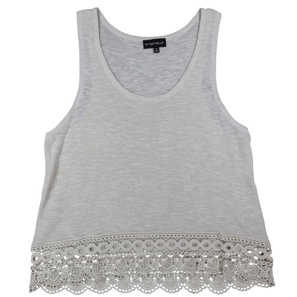 My Michelle Tank Top XL Ivory Cotton Blend Crochet Lace Hem Boho Sleeveless